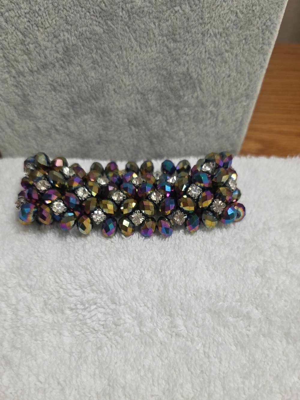 Faceted Iridescent Peacock AB and Clear Crystal Stretch Bracelet